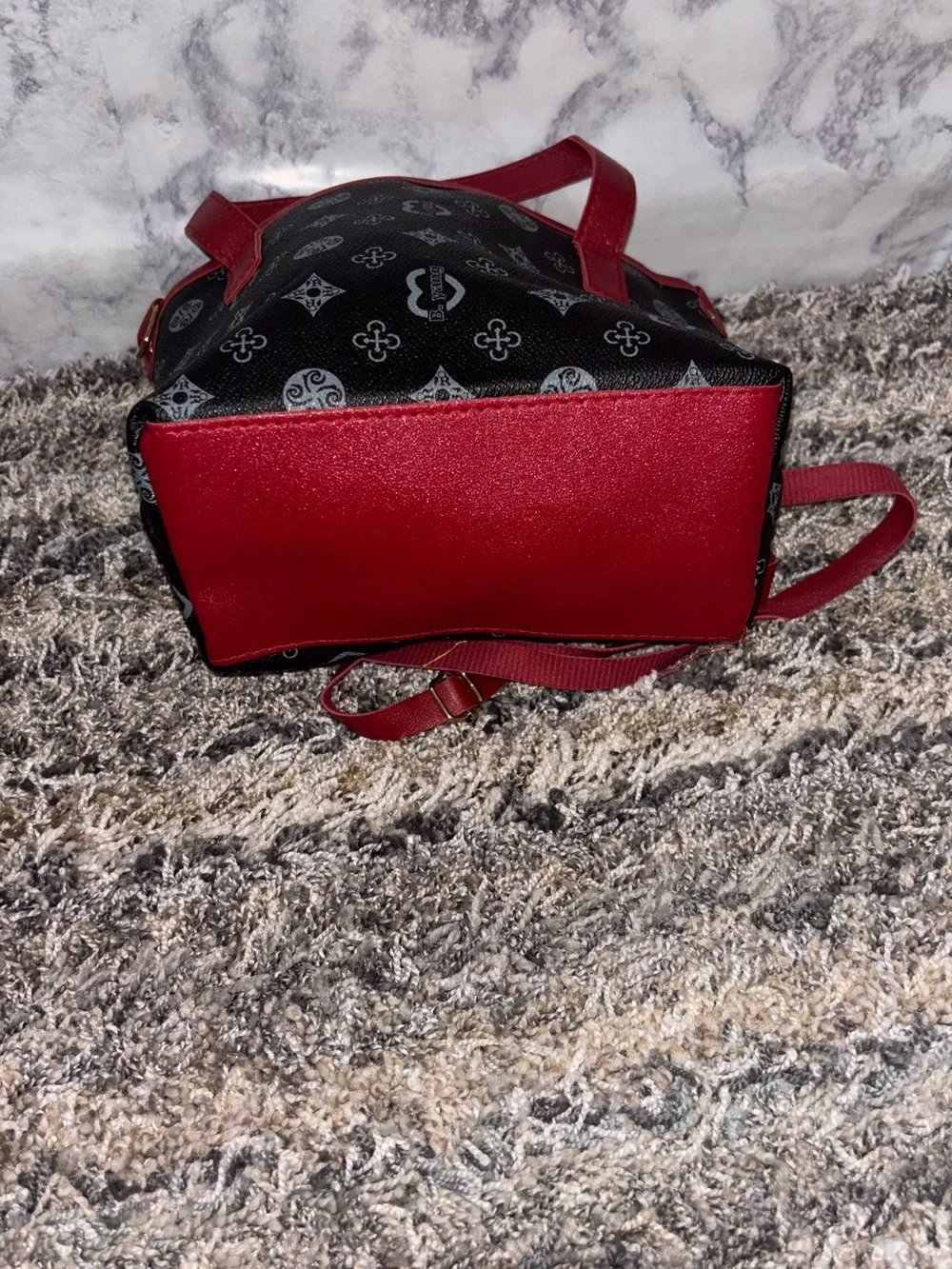 Black Patterned Crossbody Tote with Red Trim